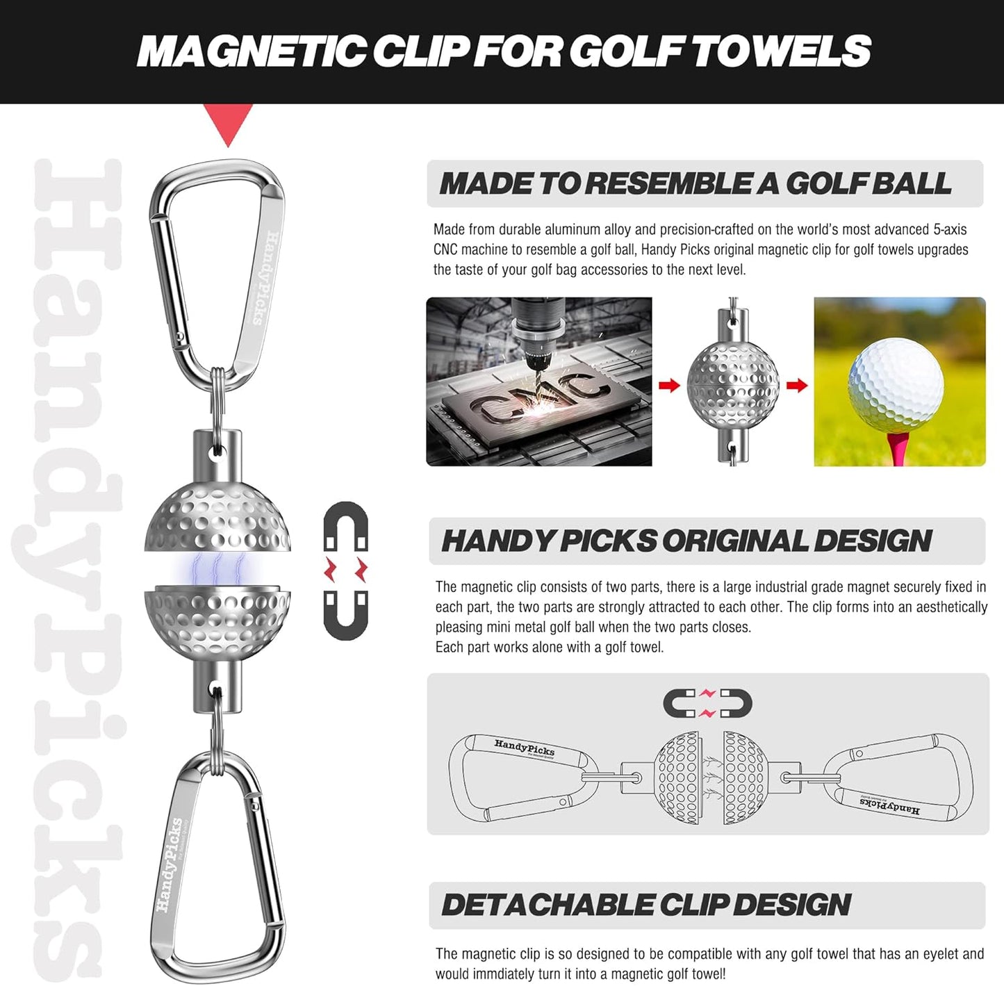 Magnetic Golf Towel Clip with Unique Mini Metal Golf Ball Design, Removable Industrial Strength Magnet for Secure Attachment to Golf Carts and Clubs, Ideal Gift for Golf Enthusiasts (Silver, Single Pack)